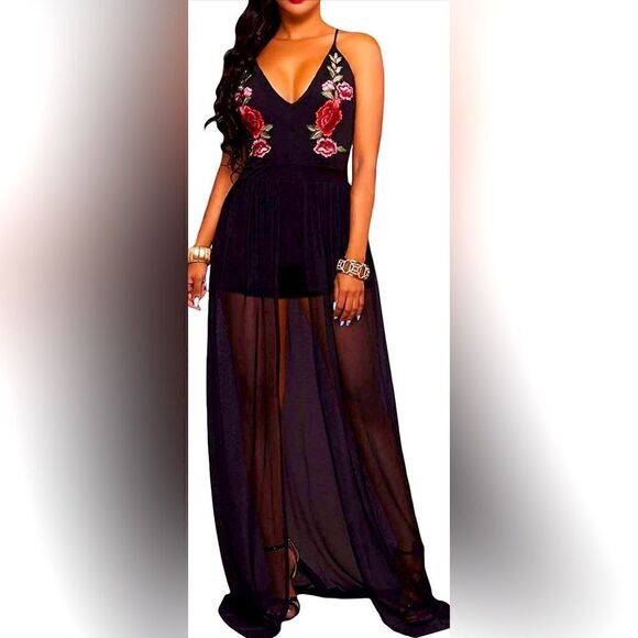 RED DOT BOUTIQUE 858 -Sheer Mesh Embroidery Chiffon Hi Low Maxi Dress Si… - Picture 8 of 10